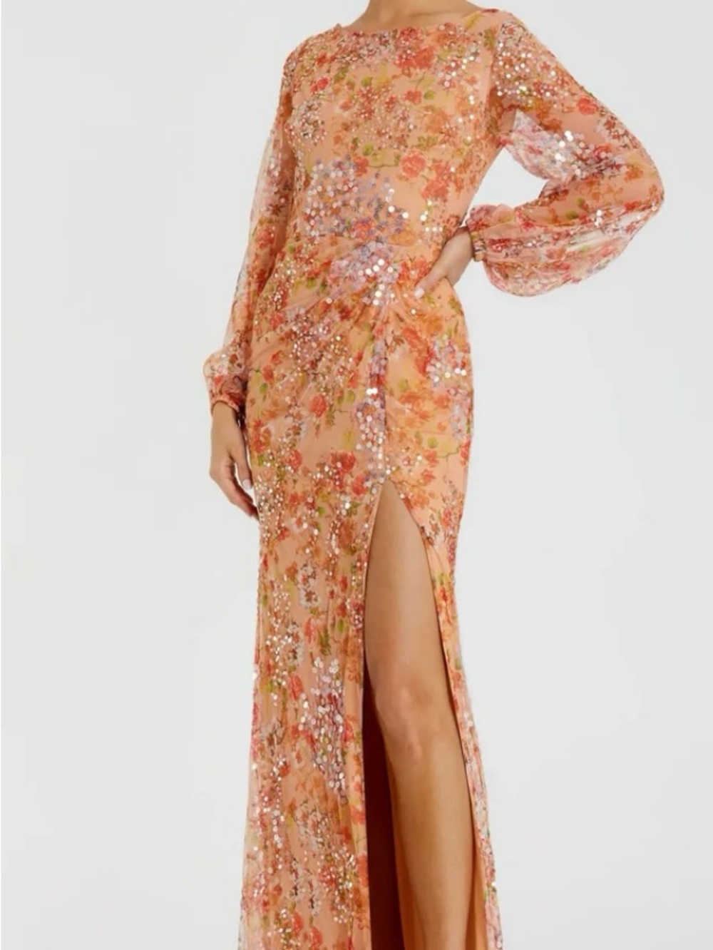 NWT Mac Duggal Orange Floral Sequined Puff Sleeve Gown